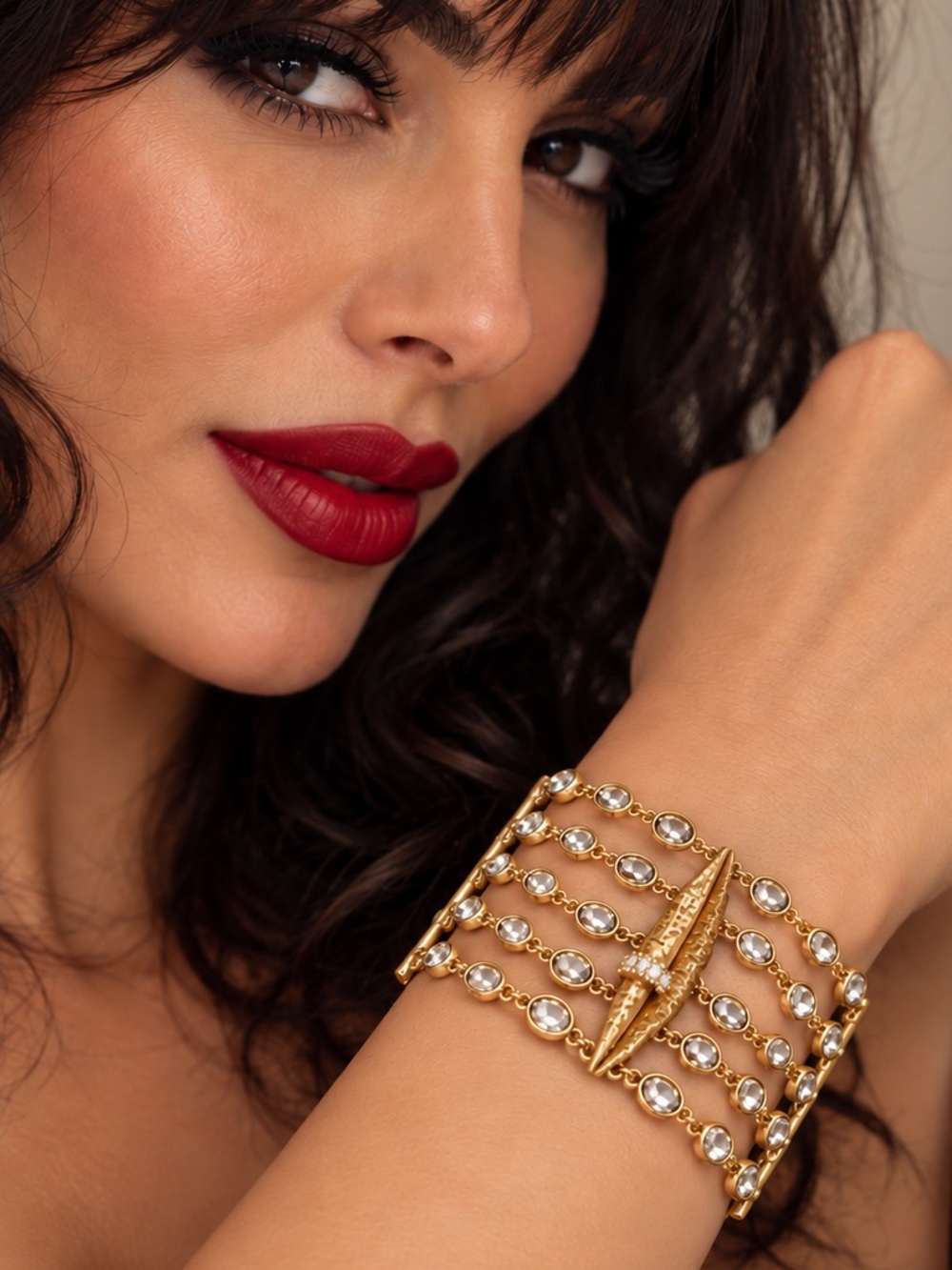 Gold Multi-Row Crystal Chain Bracelet with Lip Accent